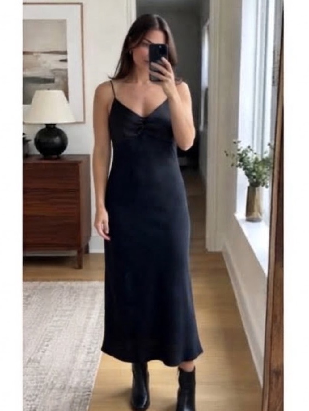 Zara Black Satin Trim Ruched V-Neck Slip Dress Size Large adjustable Strap